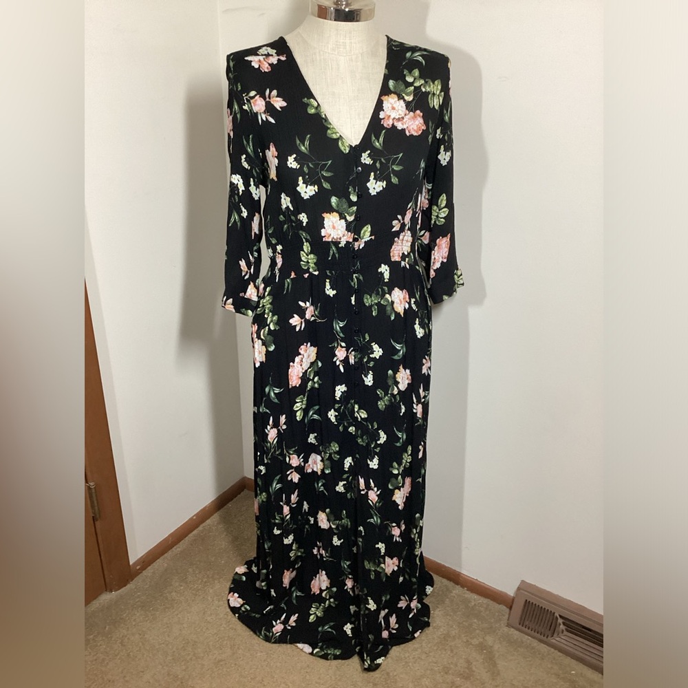 Black Floral L Maxi Dress Sleeves Flowy Boho RAYON Black Pink